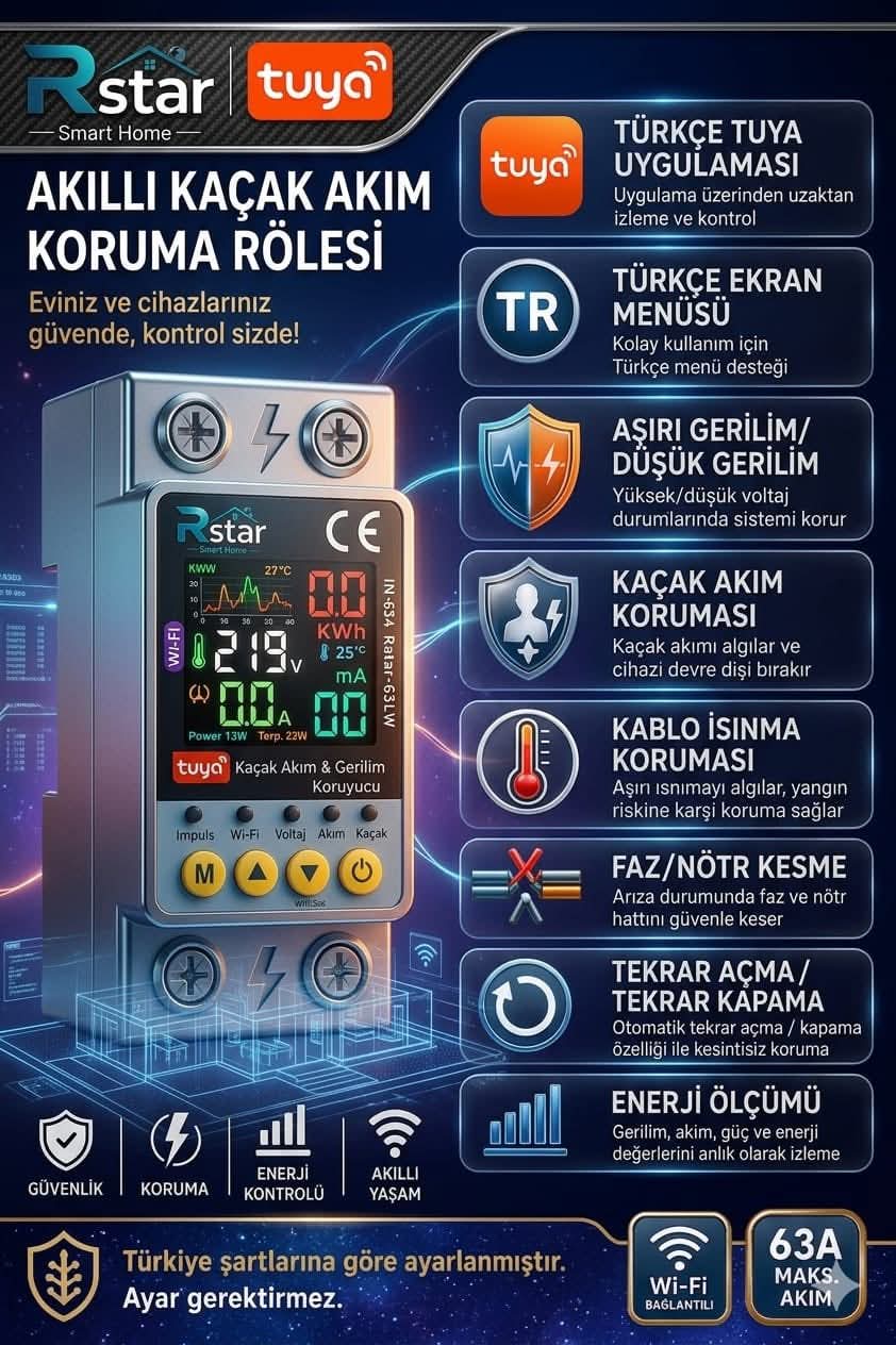 Tuya Smart 220V Rstar Kaçak Akım Rölesi - Görsel 1